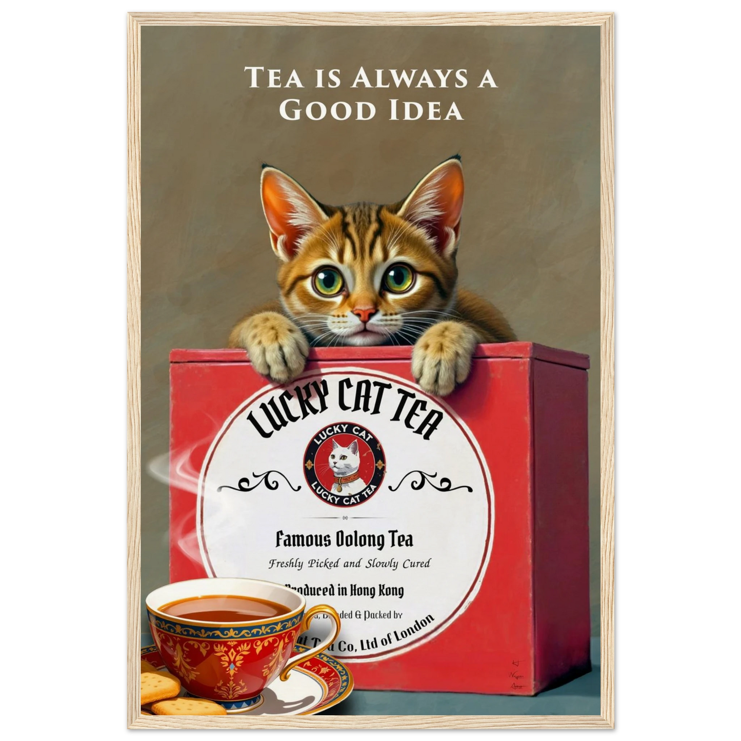 Lucky Cat Tea Vintage Kitchen Art Print Light Wood Frame 40x60 cm 16x24″ Museum-Quality Matte Paper Wooden Framed Poster