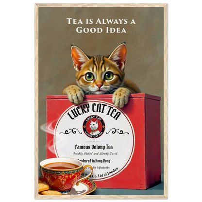 Tabby Lucky Cat Tea Vintage Kitchen Art Print Light Wood Frame 40x60 cm 16x24″ Museum-Quality Matte Paper Wooden Framed Poster
