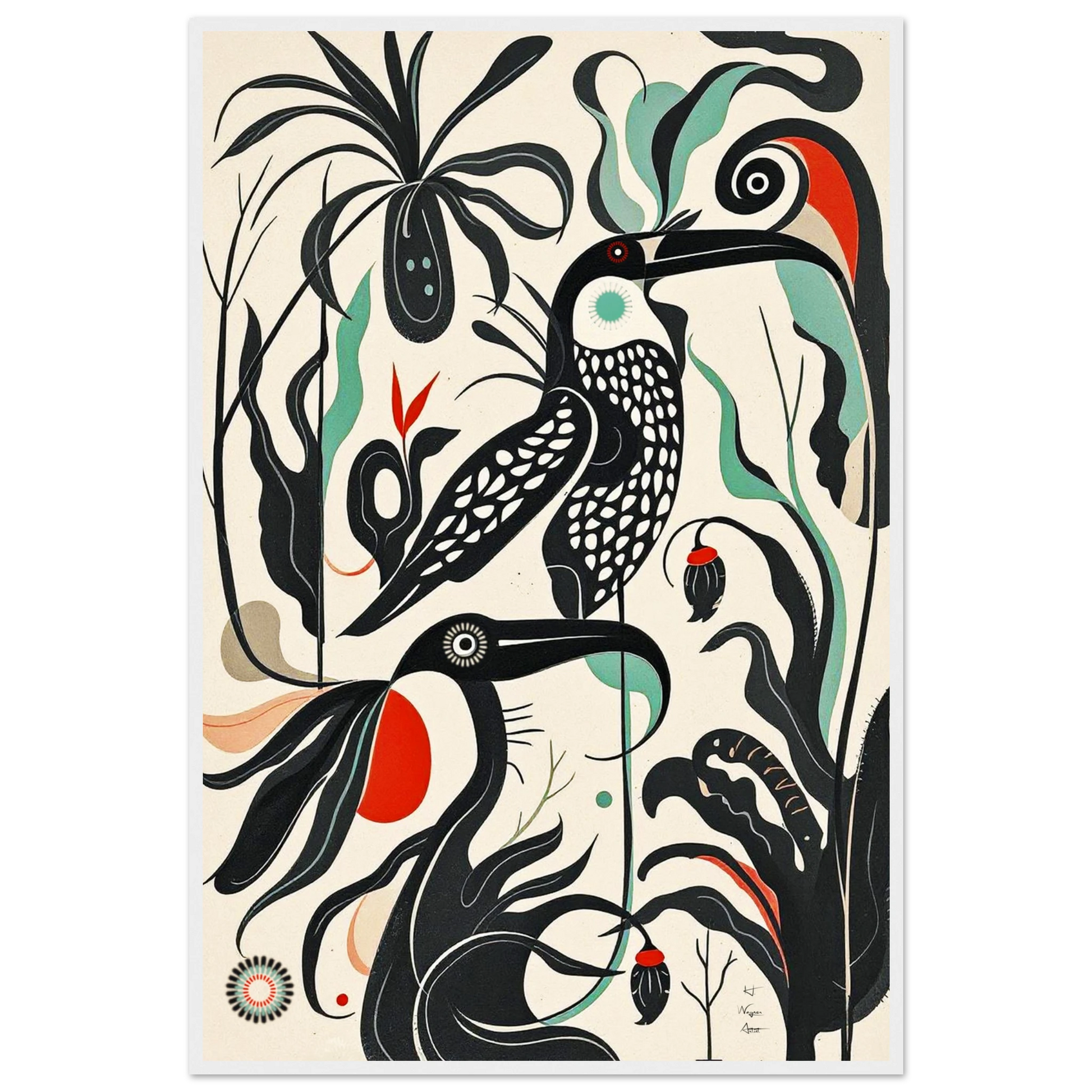Mid-Century Modern Tropical Bird Art Print White Wood Frame 60x90 cm 24x36″ Premium Matte Paper Wooden Framed Poster