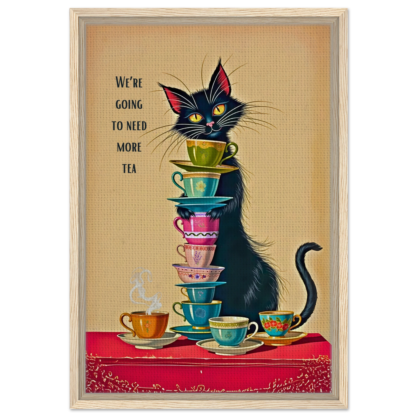 Quirky Cat Funny Tea Art Print 40x60 cm 16x24″ Framed Canvas Light Wood Frame