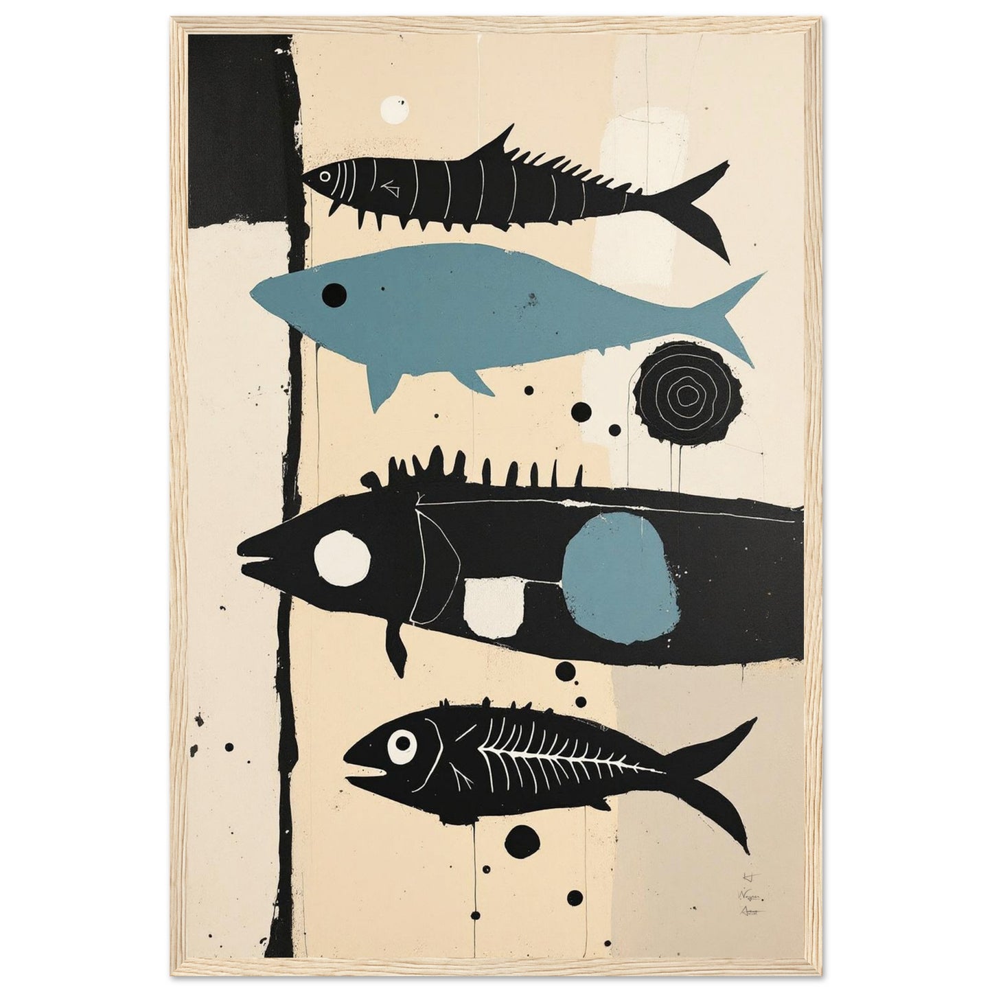 Mid-Century Modern Fish Art Poster Print – Framed Abstract Neutral Wall Decor Light Wood Frame 40x60 cm 16x24″ Premium Matte Wooden Framed Poster