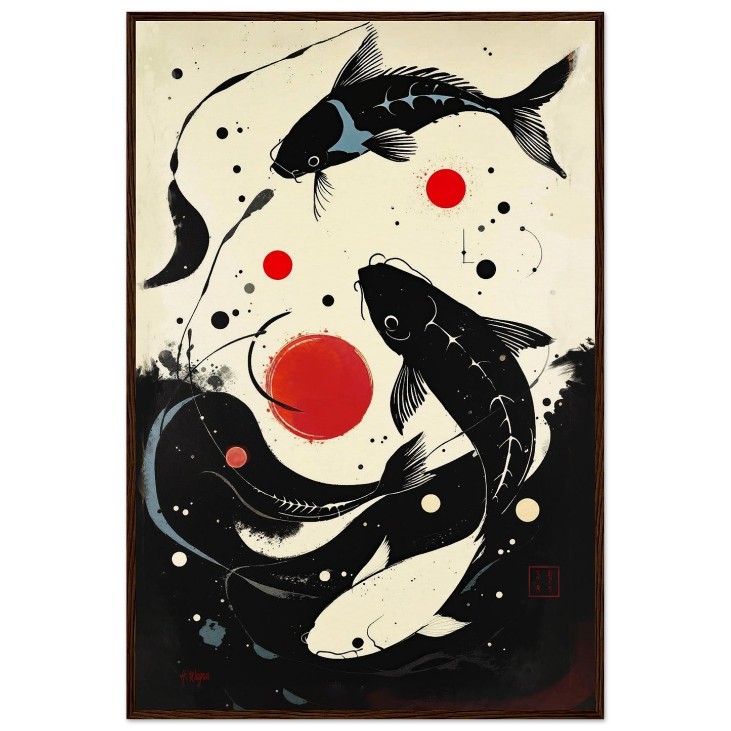 Mid-Century Modern Koi Fish Art Poster Print – Framed Abstract Black White Wall Décor 60x90 cm 24x36″ Museum-Quality Matte Framed Poster Dark Brown Wood Frame