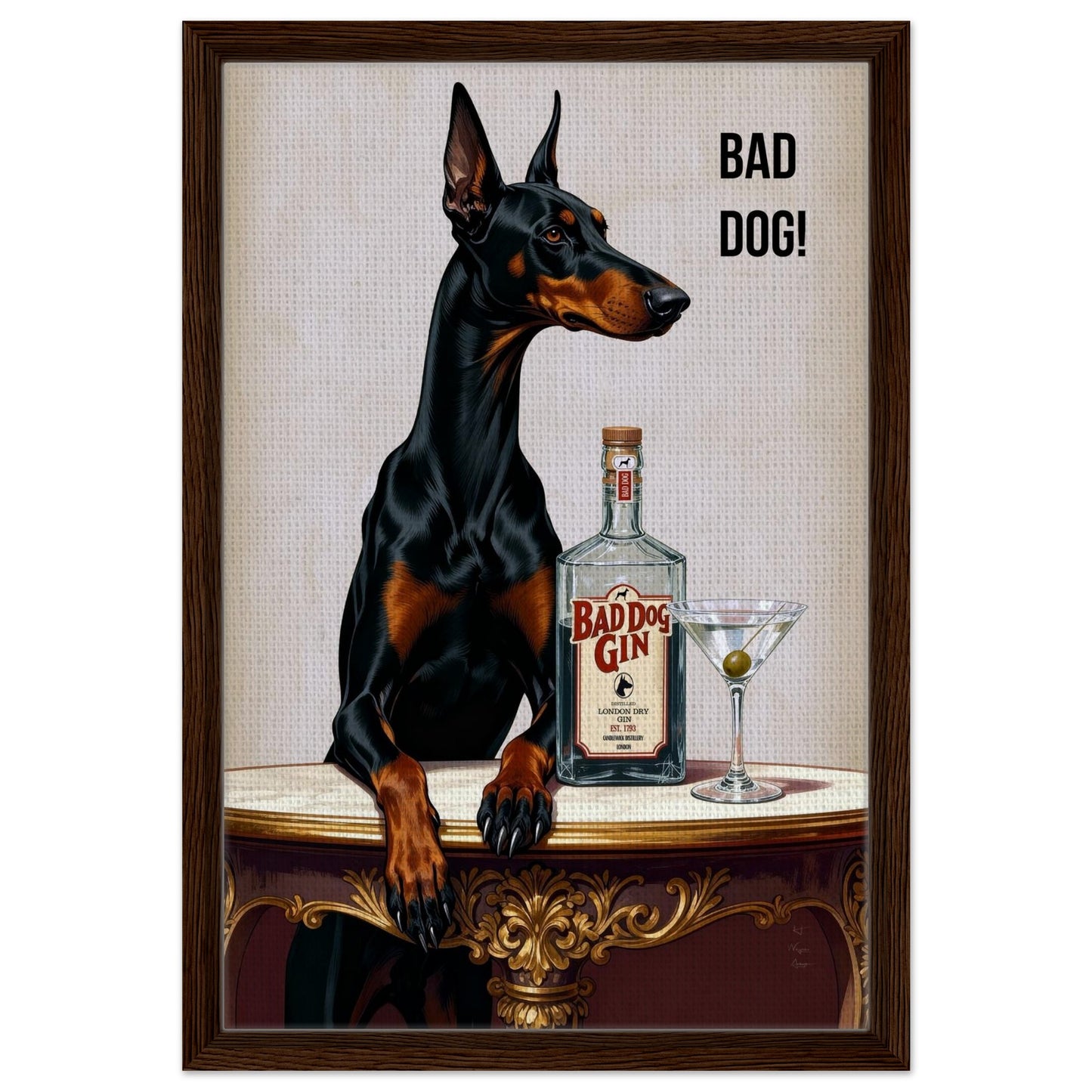 Bad Dog Gin Cocktail Bar Art Print 40x60 cm 16x24″ Framed Canvas Dark Brown Wood Frame
