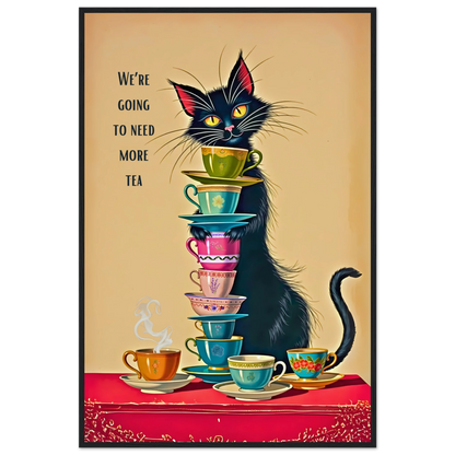 Quirky Cat Funny Tea Art Print 60x90 cm 24x36″ Classic Matte Paper Wooden Framed Poster Black Wood frame