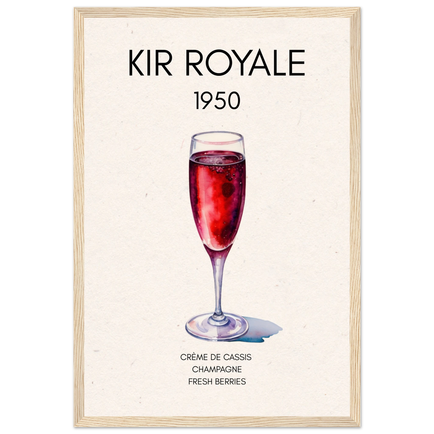 Kir Royale Champagne Cocktail Bar Poster Print Light Wood Frame 30x45 cm 12x18″ Premium Matte Paper Wooden Framed Poster