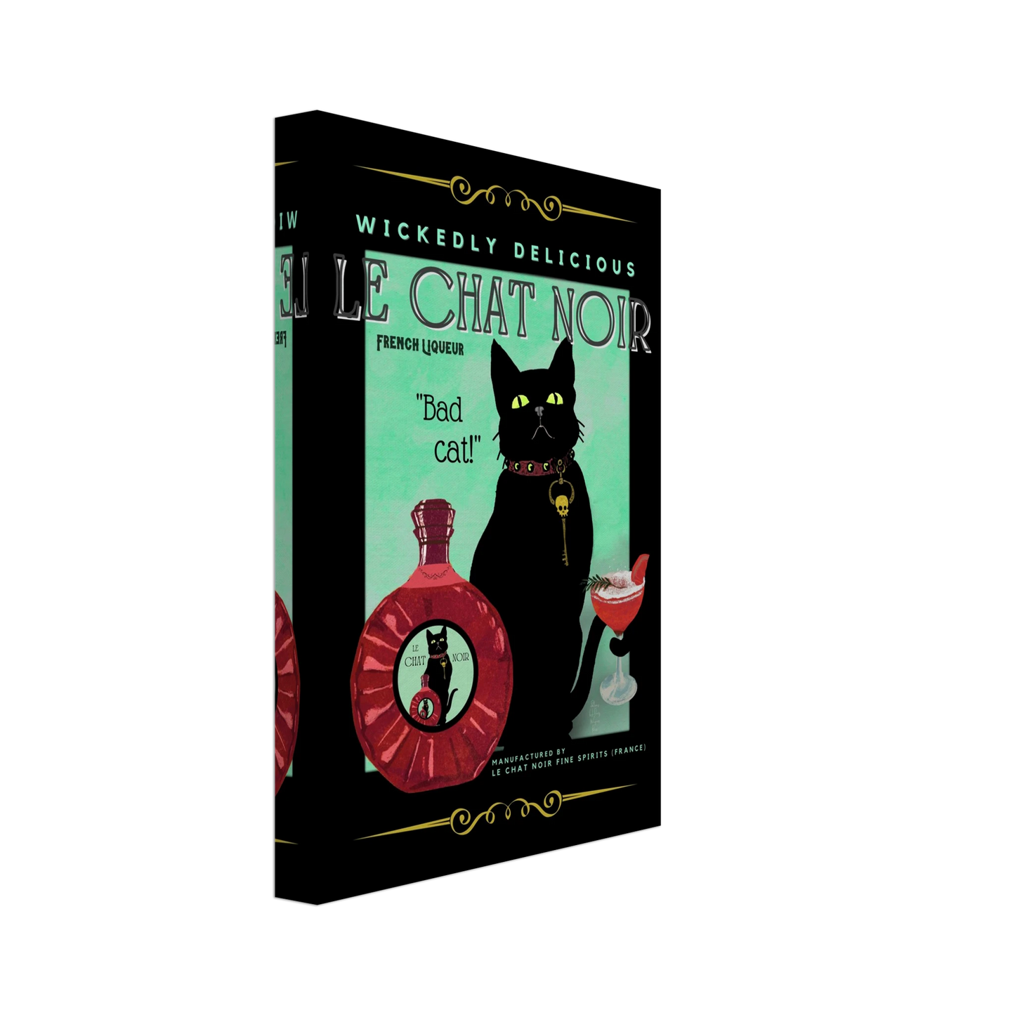 Black Cat Cocktail French Art Deco Print 20x30 cm 8x12″ Gallery Wrapped Canvas No Frame