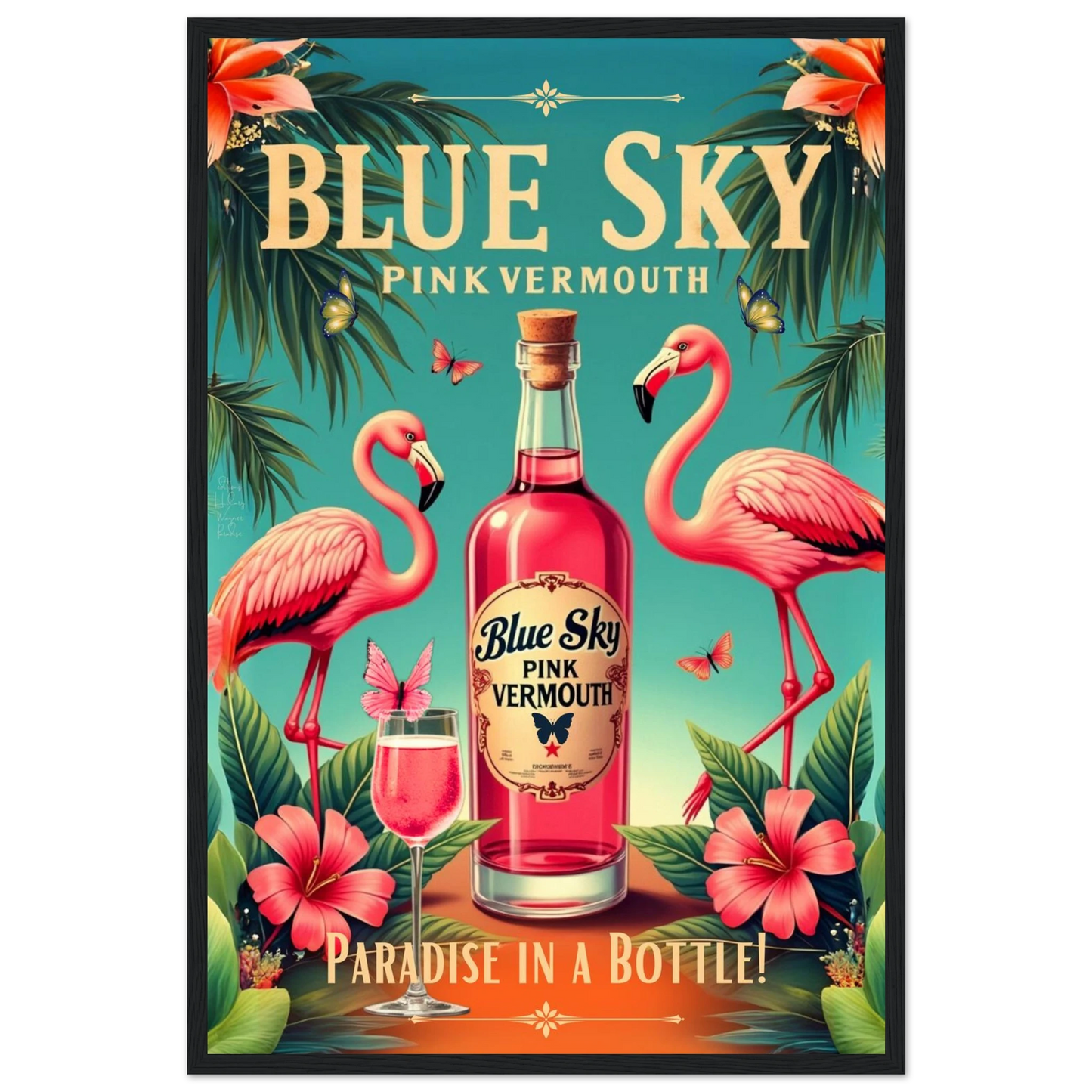 Vintage Pink Flamingo Tiki Bar Art Print 40x60 cm 16x24″ Premium Semi-Glossy Paper Wooden Framed Poster Black Wood Frame