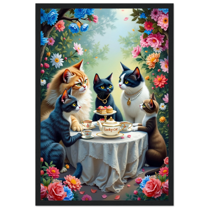 Lucky Cat Tea Party Botanical Art Print 30x45 cm 12x18″ Classic Matte Paper Wooden Framed Poster Black Wood frame