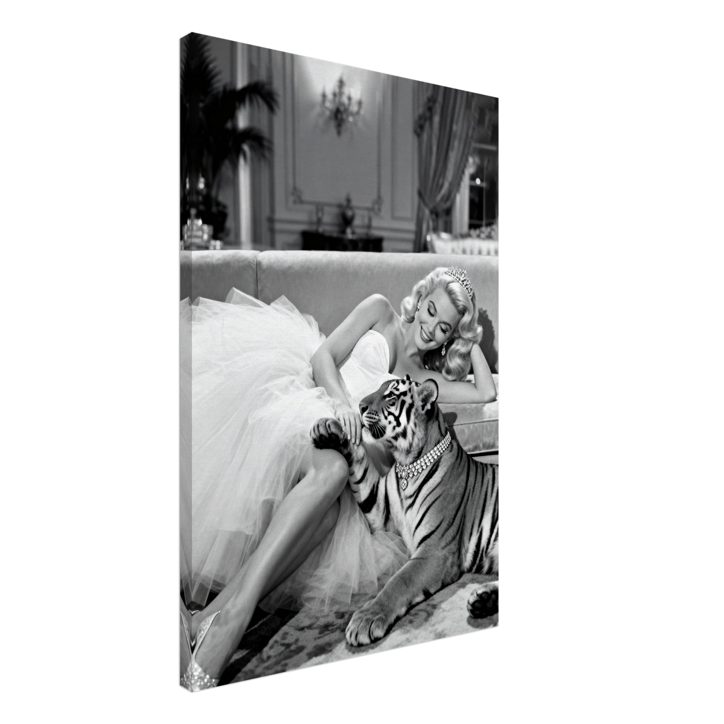 Vintage Hollywood Starlet Tiger Art Print 60x90 cm 24x36″ Gallery Wrapped Canvas - 1.5" Mirrored Sides