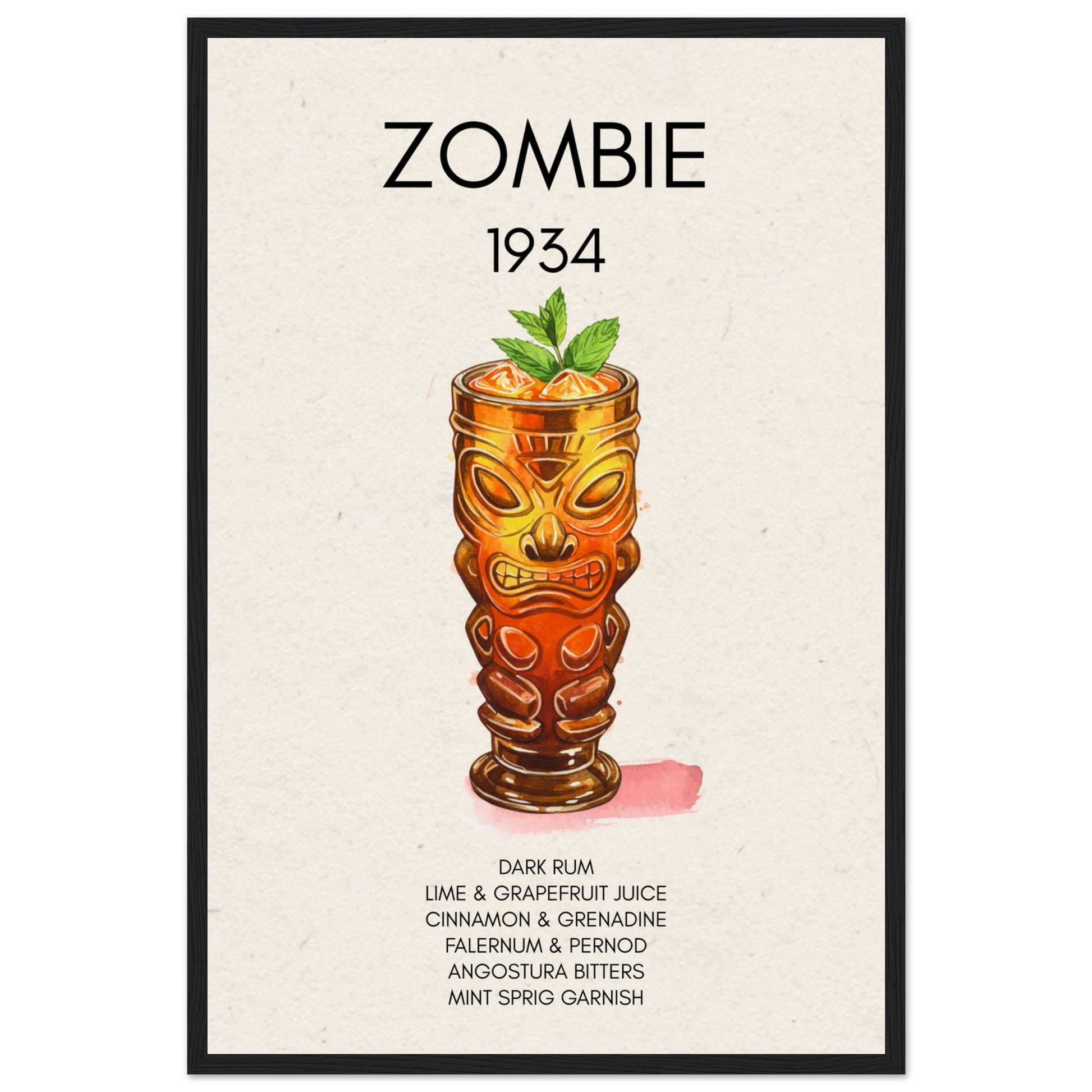 Zombie Tiki Cocktail Bar Art Print Black Wood Frame 40x60 cm 16x24″ Museum-Quality Matte Paper Wooden Framed Poster