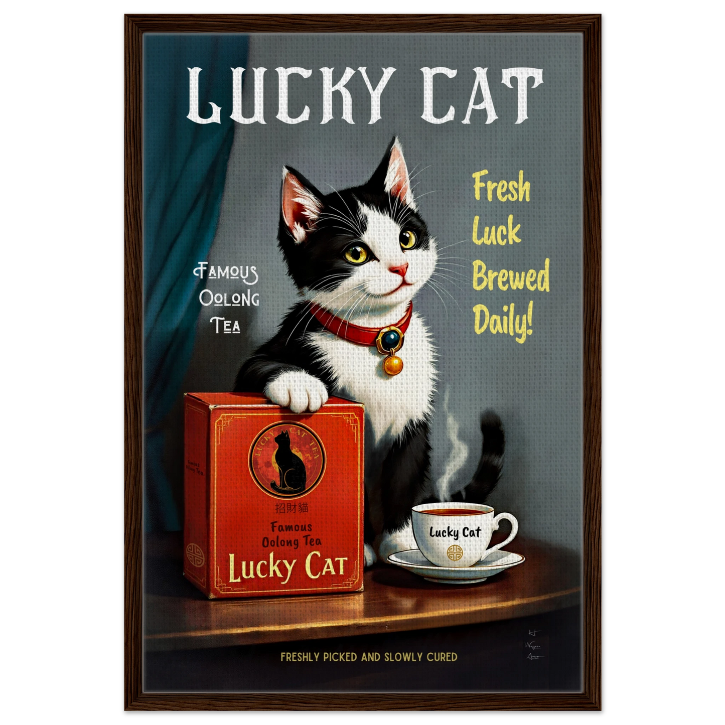 Lucky Tuxedo Cat Tea Kitchen Art Print 60x90 cm 24x36″ Framed Canvas Dark Brown Wood Frame