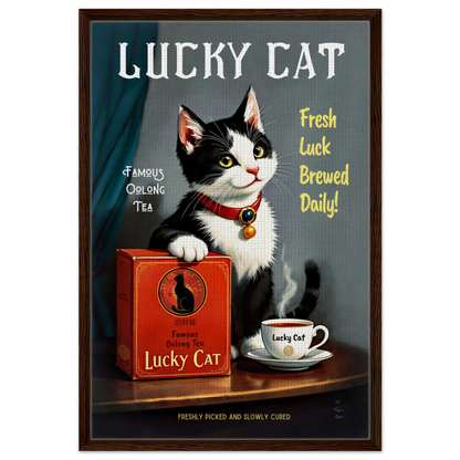 Lucky Tuxedo Cat Tea Kitchen Art Print 60x90 cm 24x36″ Framed Canvas Dark Brown Wood Frame
