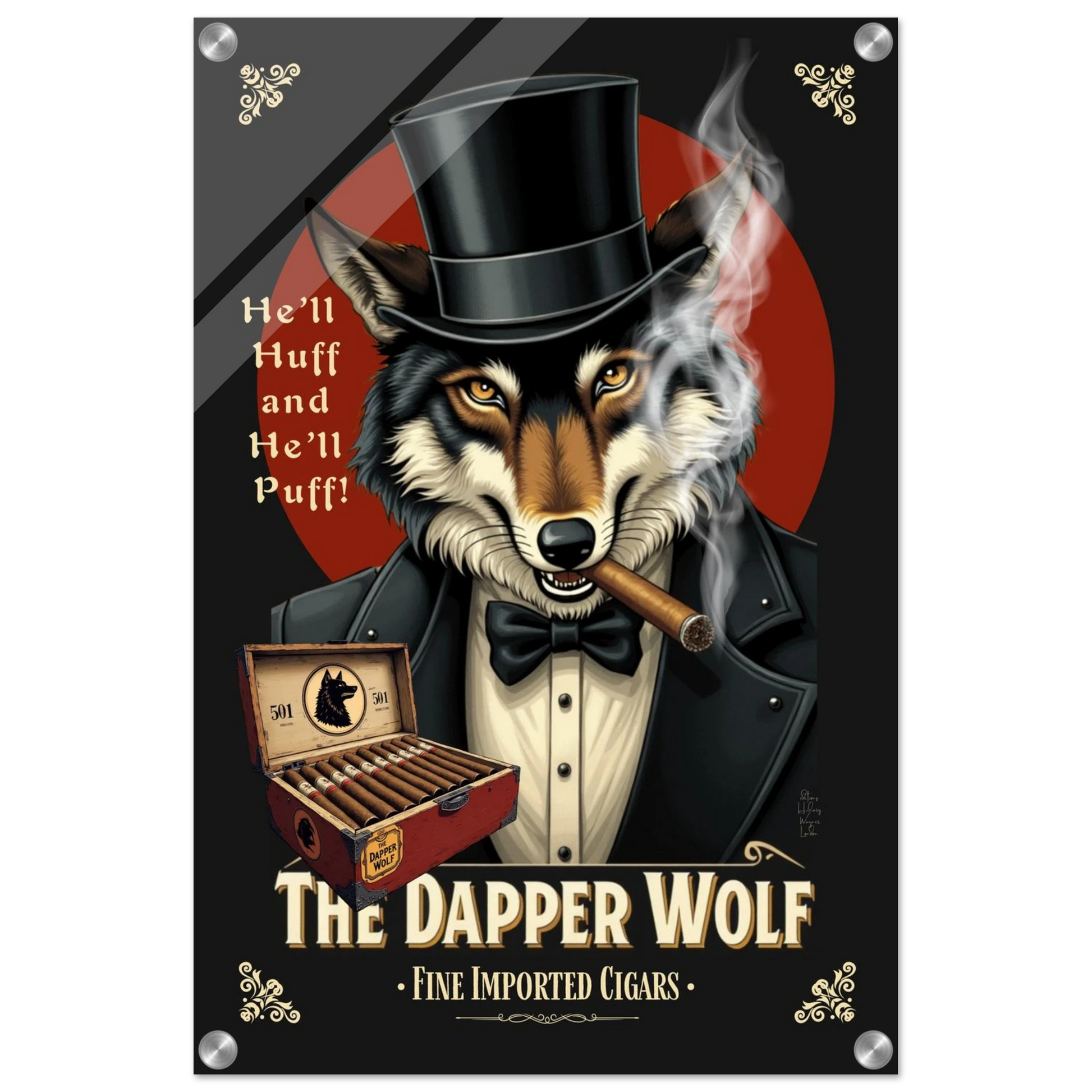 Smoking Wolf Speakeasy Cigar Art Print 40x60 cm 16x24″ Sleek Acrylic Print No Frame