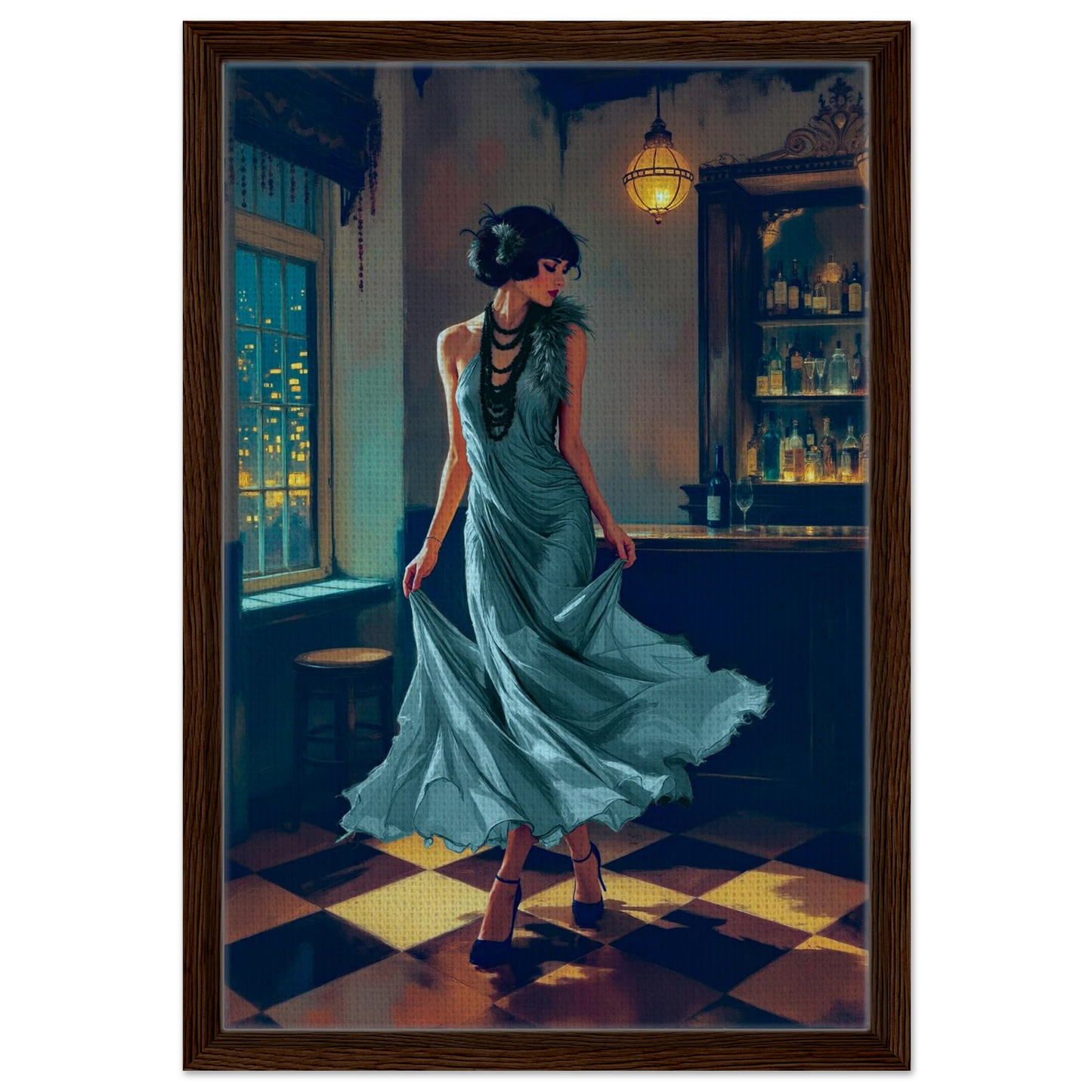 1920s Flapper Speakeasy Art Print 40x60 cm 16x24″ Framed Canvas Dark Brown Wood Frame