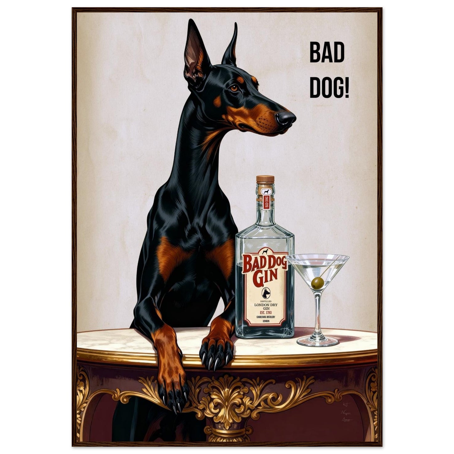 Bad Dog Gin Cocktail Bar Art Print 70x100 cm 28x40″ Classic Matte Framed Poster Dark Brown Wood Frame