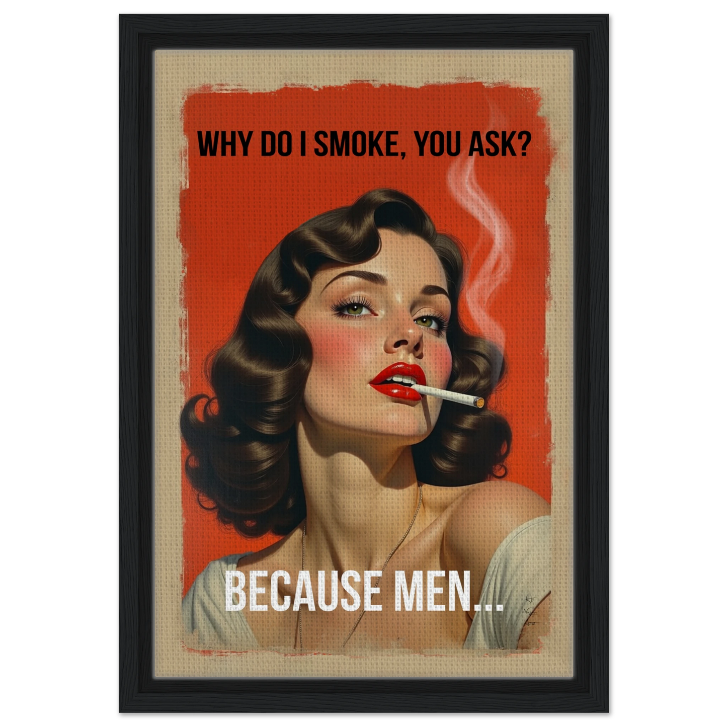 Retro Smoking Pin-Up Girl Art Print Black Wood Frame 30x45 cm 12x18″ Framed Canvas
