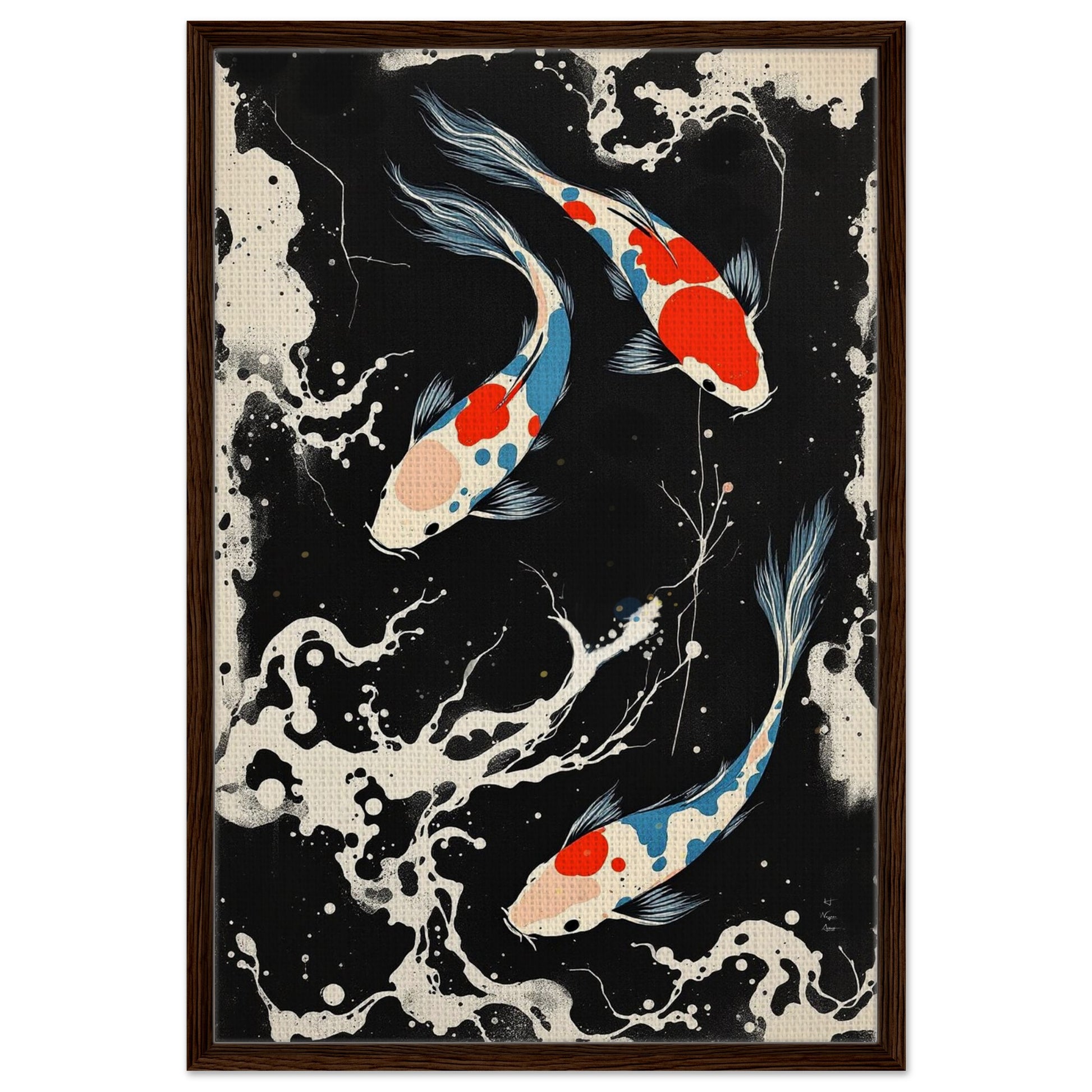 Modern Black White Koi Fish Ocean Art Print 60x90 cm 24x36″ Framed Canvas Dark Brown Wood Frame