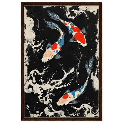 Modern Black White Koi Fish Ocean Art Print 60x90 cm 24x36″ Framed Canvas Dark Brown Wood Frame