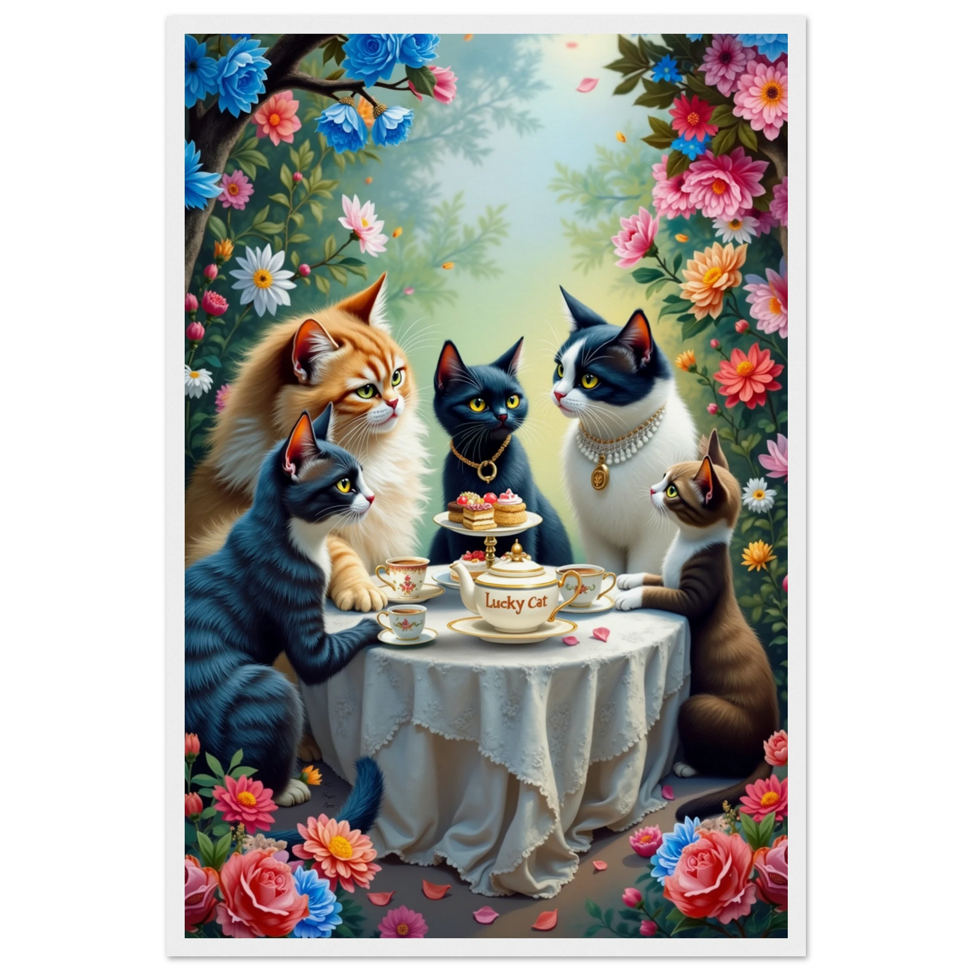 Lucky Cat Tea Party Botanical Art Print 40x60 cm 16x24″ Museum-Quality Matte Paper Wooden Framed Poster White Wood Frame
