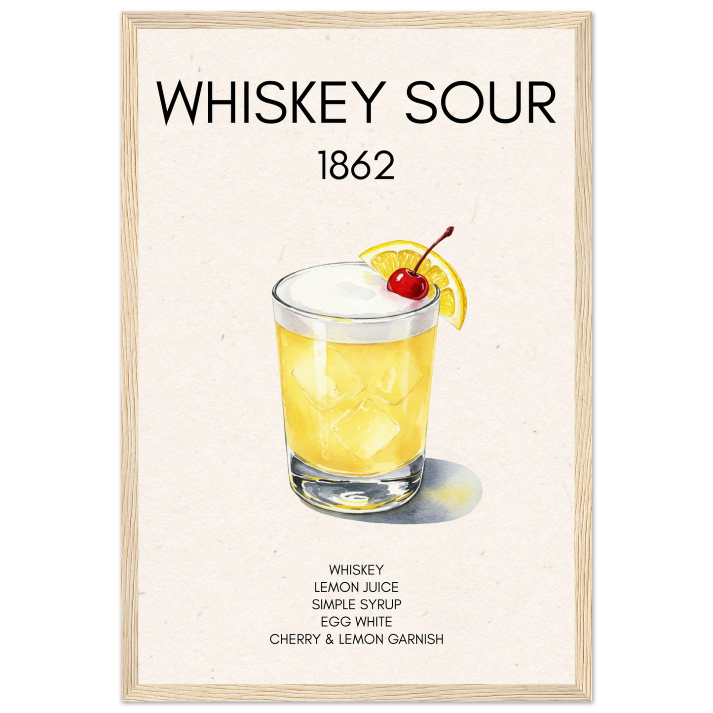Whiskey Sour Cocktail Bar Poster Print Light Wood Frame 30x45 cm 12x18″ Premium Matte Paper Wooden Framed Poster