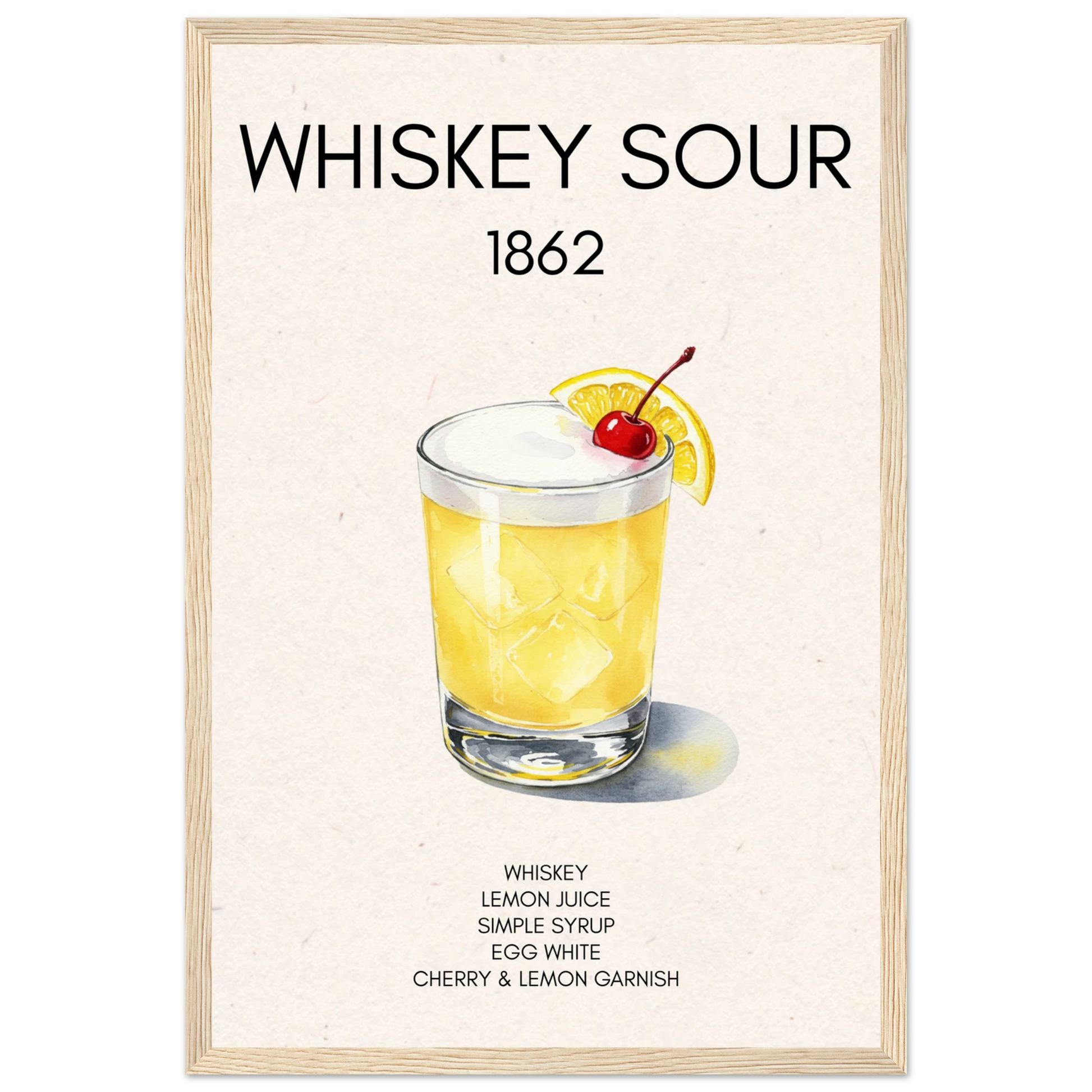 Whiskey Sour Cocktail Bar Art Print Light Wood Frame 30x45 cm 12x18″ Premium Matte Paper Wooden Framed Poster