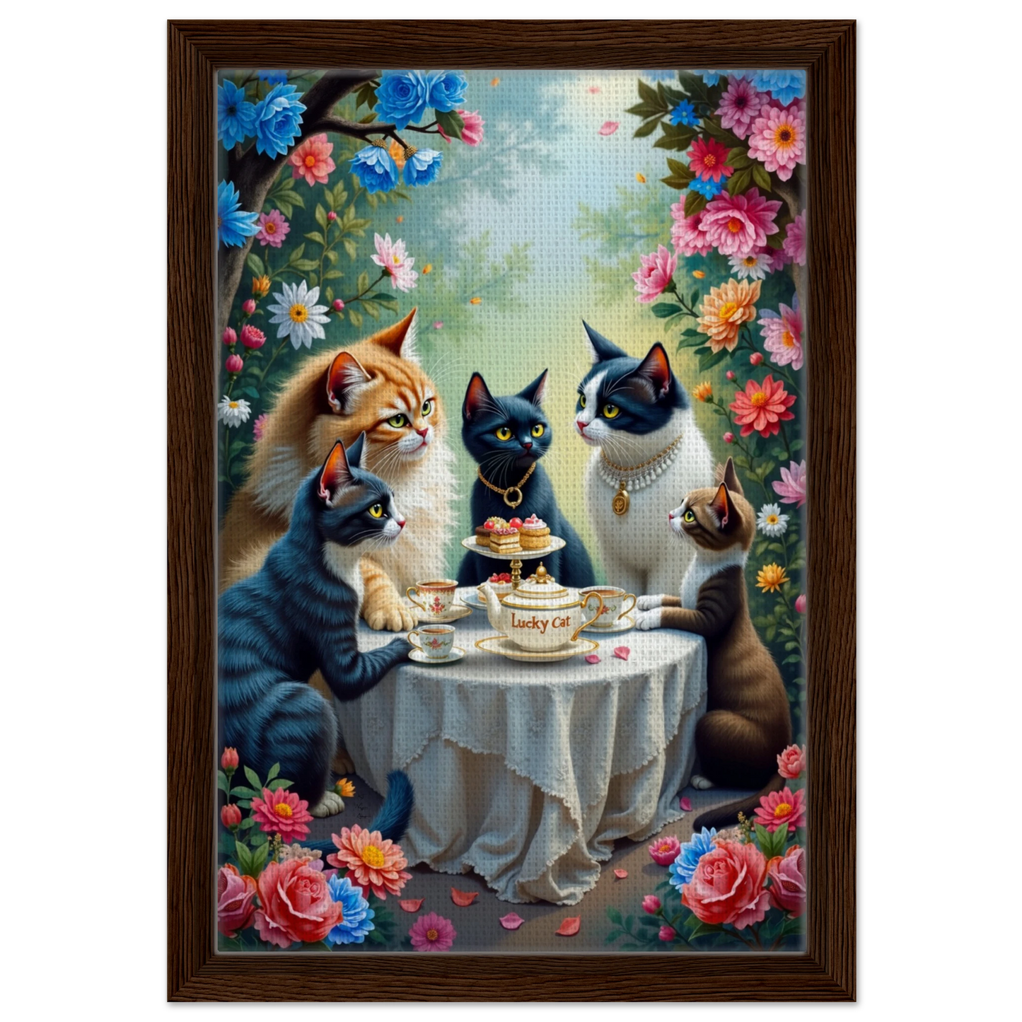 Lucky Cat Tea Party Botanical Art Print 30x45 cm 12x18″ Framed Canvas Dark Brown Wood Frame