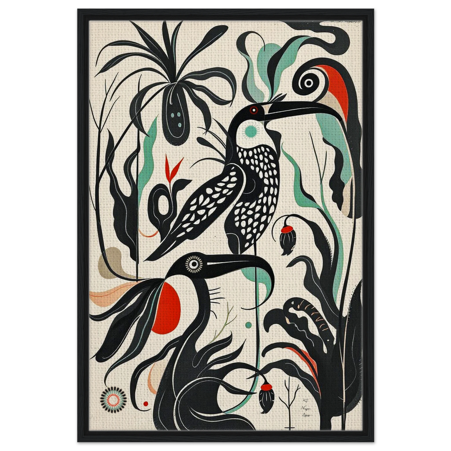 Mid-Century Modern Tropical Bird Art Print Black Wood Frame 60x90 cm 24x36″ Framed Canvas