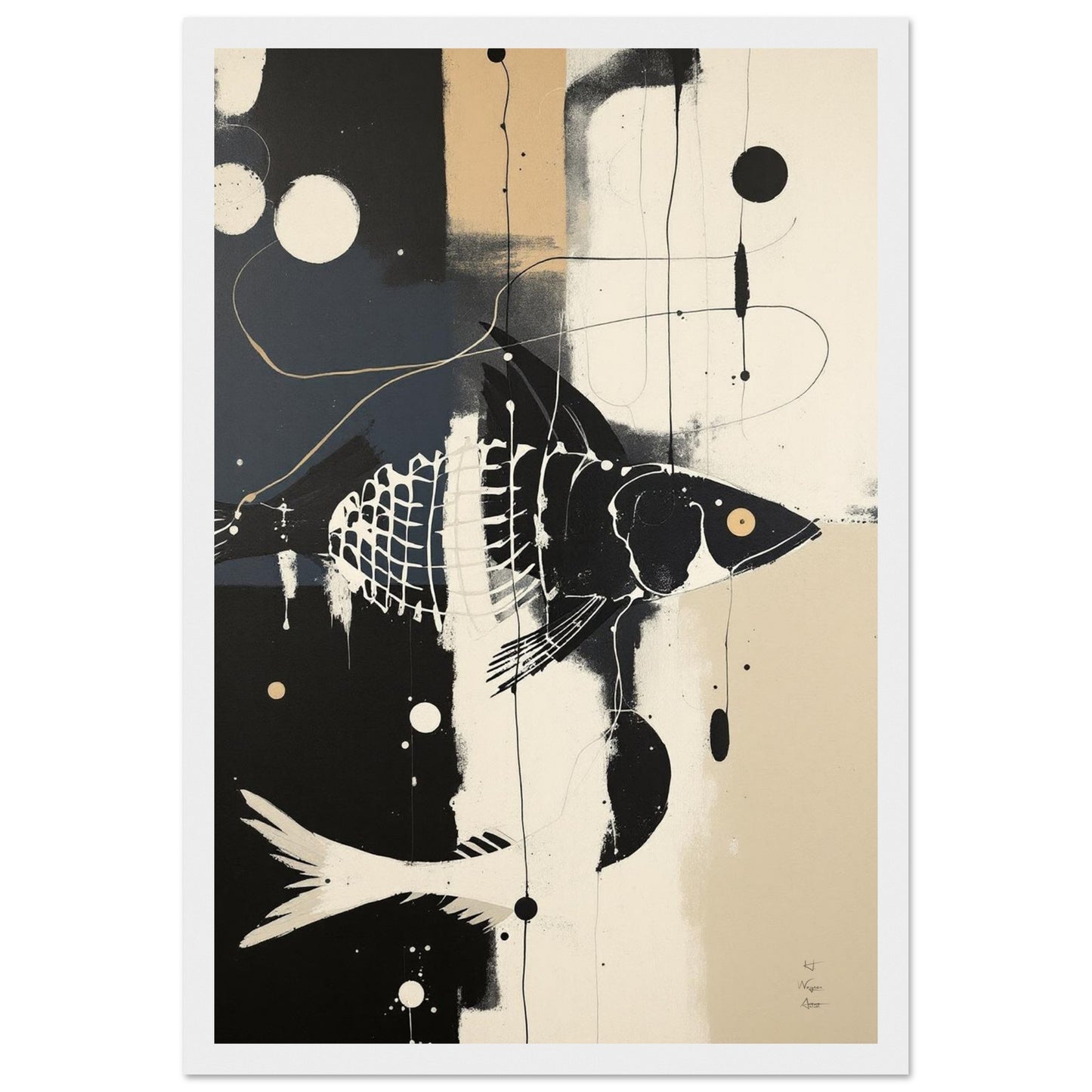 Abstract Fish Art Poster Print – Framed Modern Neutral Wall Décor White Wood Frame 60x90 cm 24x36″ Premium Matte Framed Poster