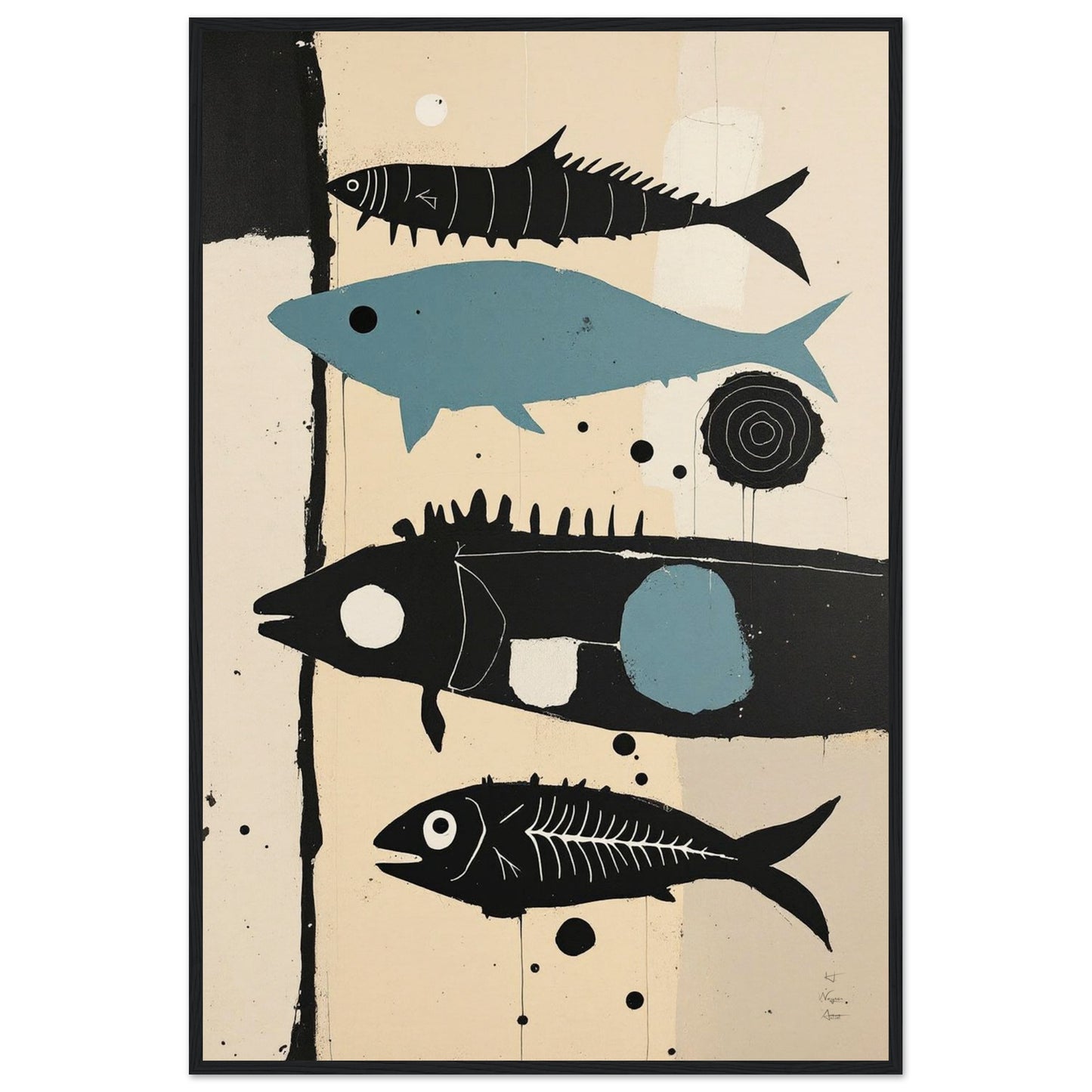 Mid-Century Modern Fish Art Poster Print – Framed Abstract Neutral Wall Decor Black Wood Frame 60x90 cm 24x36″ Museum-Quality Matte Wooden Framed Poster