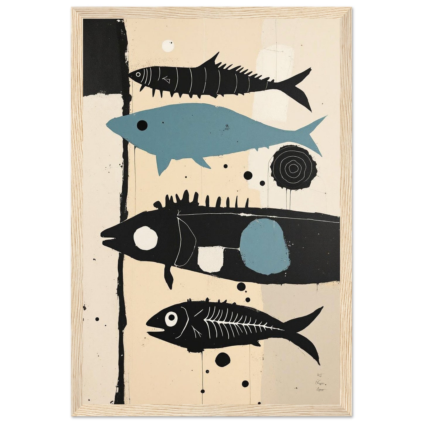 Mid-Century Modern Fish Art Poster Print – Framed Abstract Neutral Wall Decor Black Wood Frame 40x60 cm 16x24″ Framed Canvas