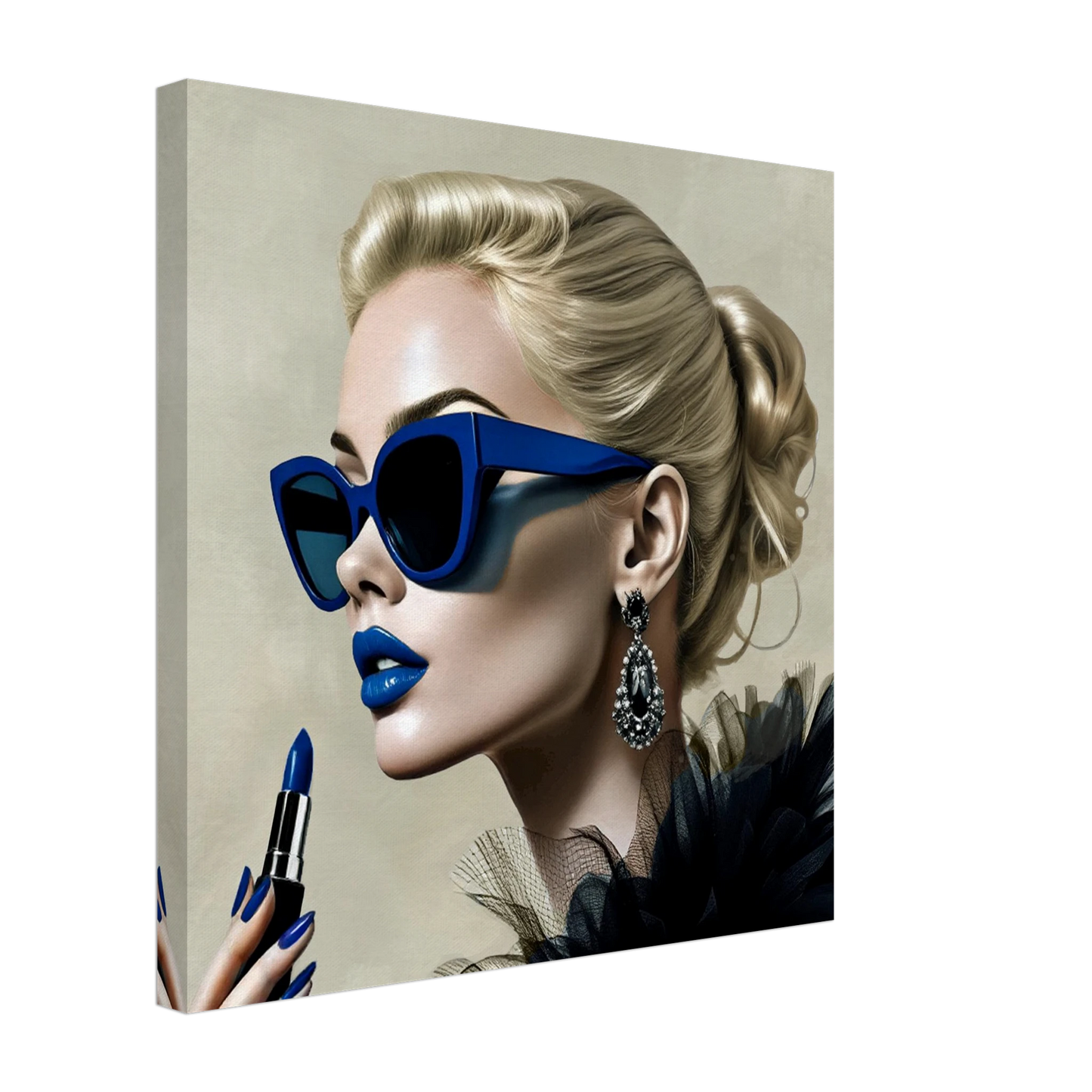 Retro Fashion Model Blue Lipstick Art Print 50x50 cm 20x20″ Gallery Wrapped Canvas