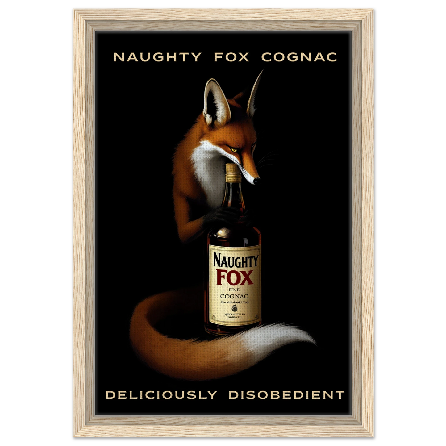 Fox Cognac Cocktail Bar Art Print Light Wood Frame 30x45 cm 12x18″ Framed Canvas