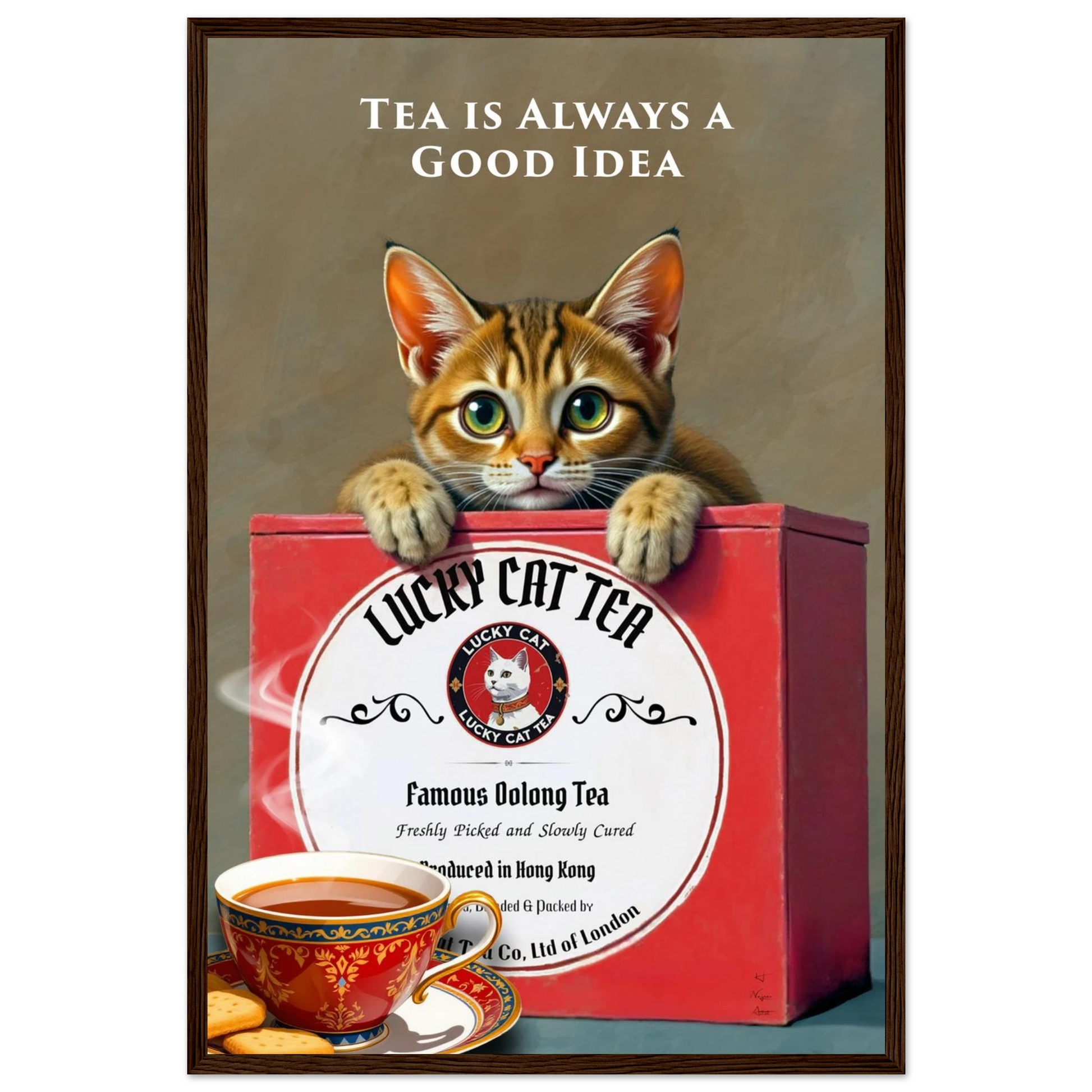 Tabby Lucky Cat Tea Vintage Kitchen Art Print Dark Brown Wood Frame 40x60 cm 16x24″ Premium Matte Paper Wooden Framed Poster