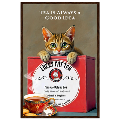 Tabby Lucky Cat Tea Vintage Kitchen Art Print Dark Brown Wood Frame 40x60 cm 16x24″ Premium Matte Paper Wooden Framed Poster