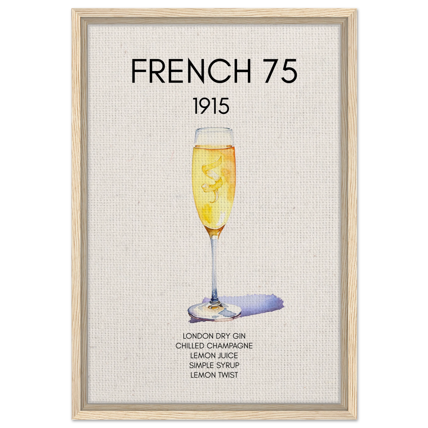 French 75 Cocktail Art Print Light Wood Frame 40x60 cm 16x24″ Framed Canvas