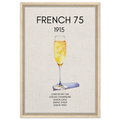 French 75 Cocktail Art Print Light Wood Frame 40x60 cm 16x24″ Framed Canvas
