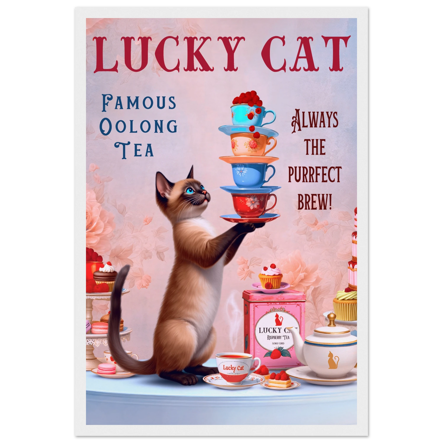 Siamese Lucky Cat Vintage Tea Art Print 30x45 cm 12x18″ Museum-Quality Matte Paper Wooden Framed Poster White Wood Frame