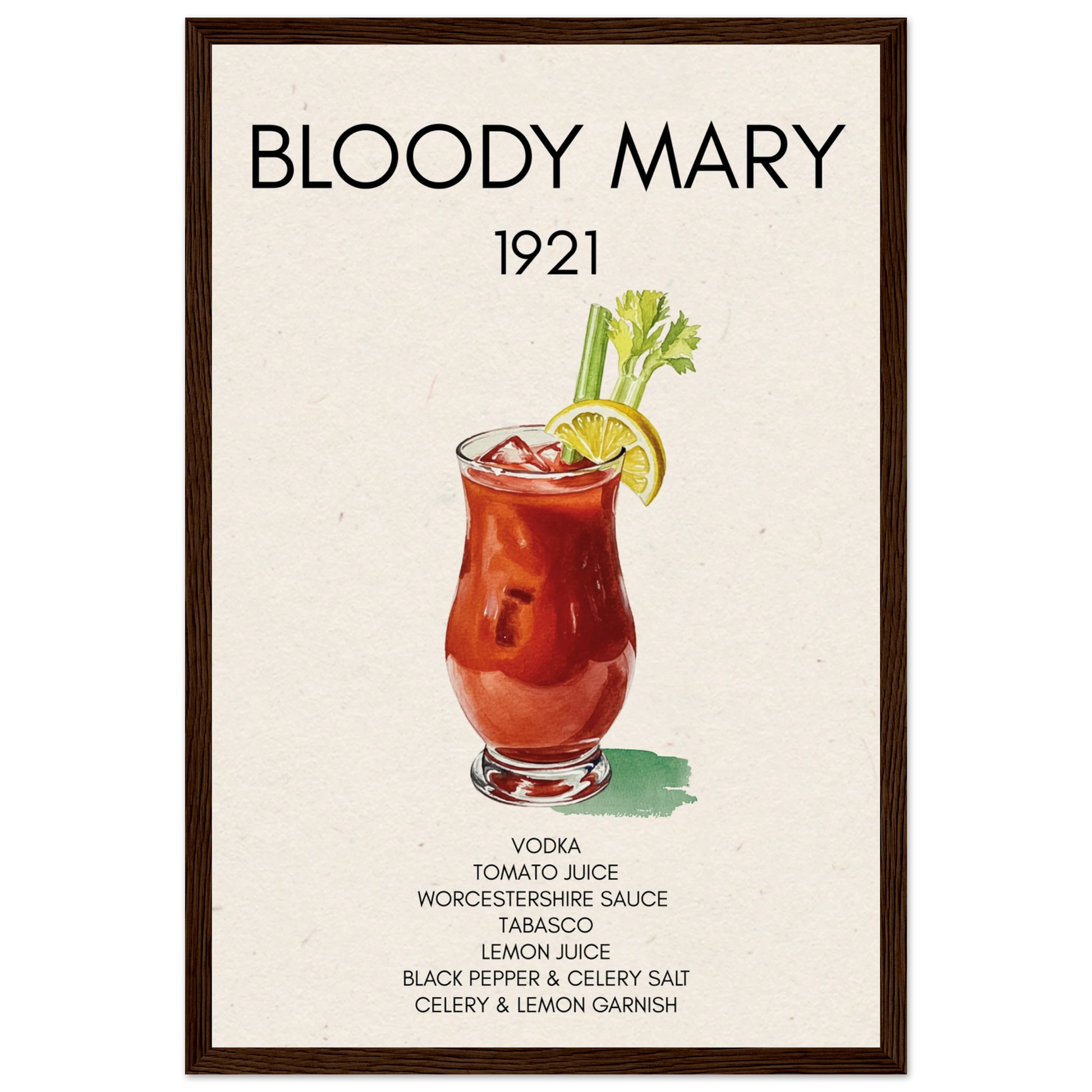Bloody Mary Cocktail Bar Art Print Dark Brown Wood 30x45 cm 12x18″ Museum-Quality Matte Paper Wooden Framed Poster