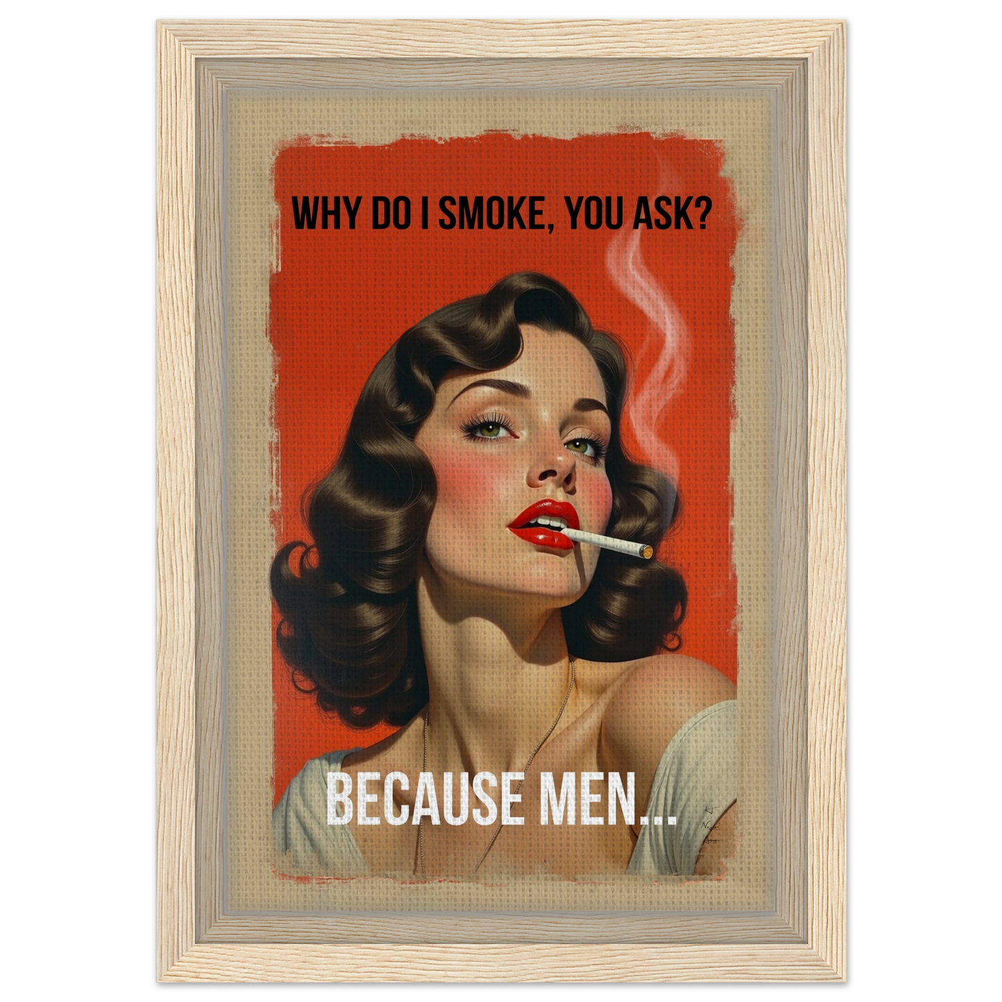 Retro Smoking Pin-Up Girl Art Print Light Wood Frame 20x30 cm 8x12″ Framed Canvas