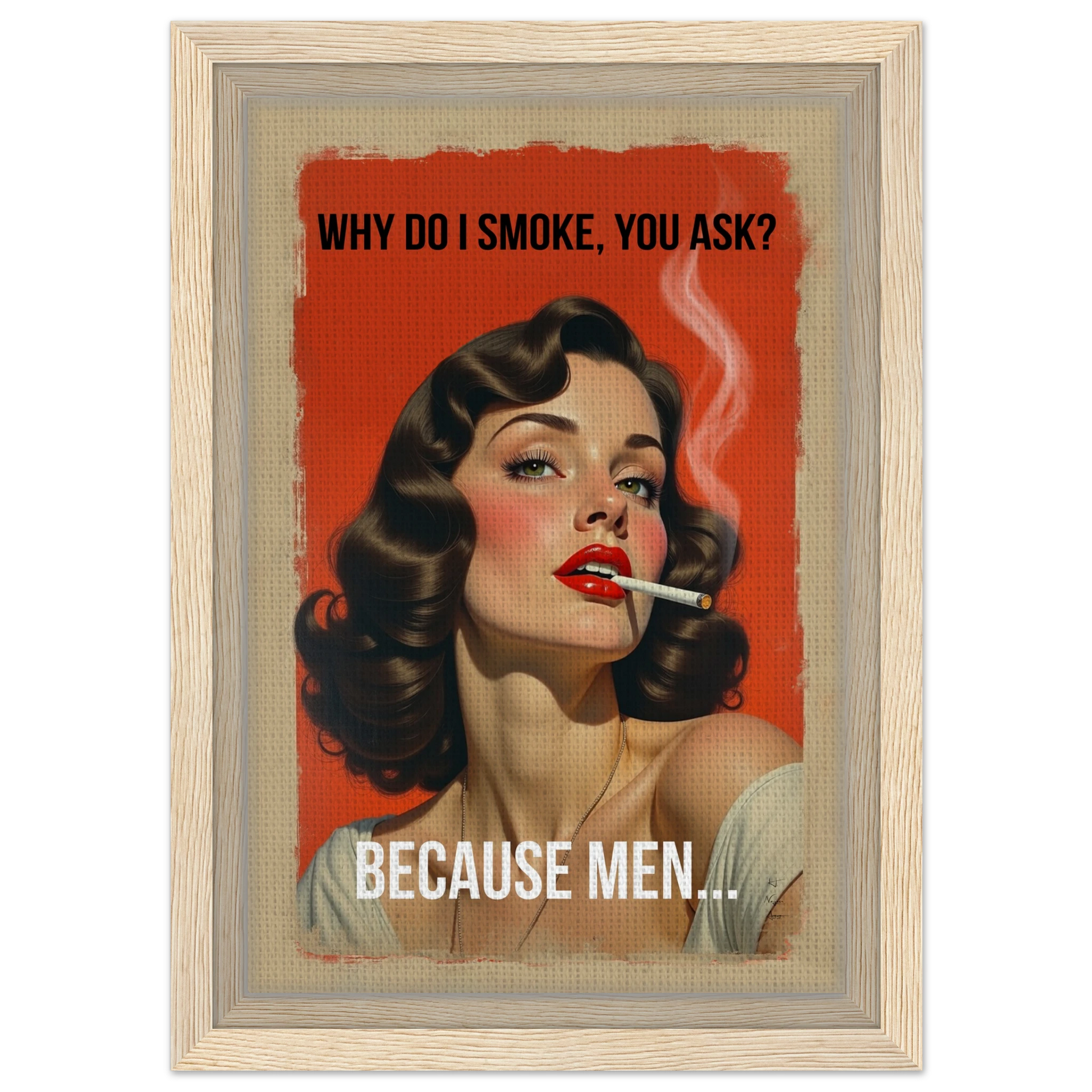 Retro Smoking Pin-Up Girl Art Print Light Wood Frame 20x30 cm 8x12″ Framed Canvas