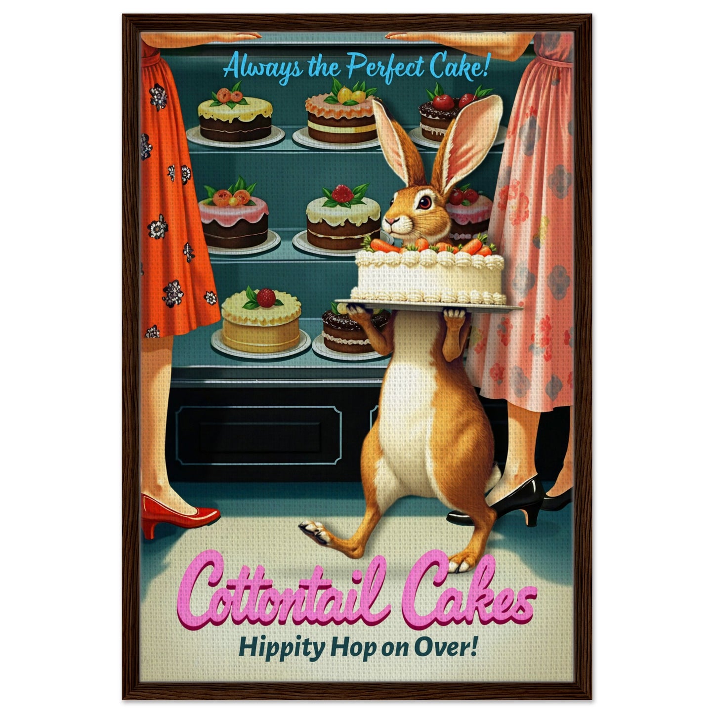 Cottontail Cakes 1950s Rabbit Art Print 60x90 cm 24x36″ Framed Canvas - Dark Brown Wood
