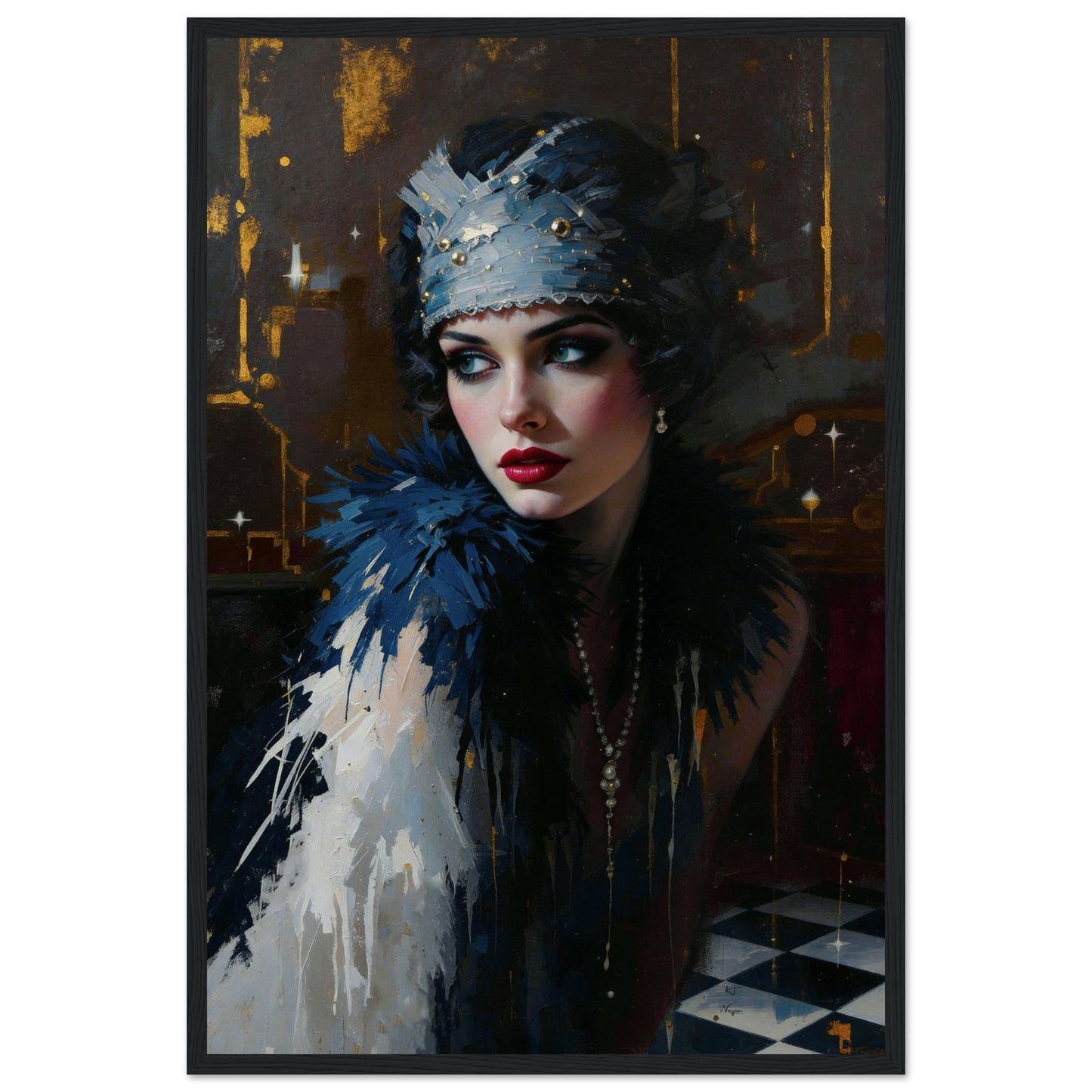 1920s Gatsby Flapper Painting Art Print - Speakeasy Prohibition Wall Decor 16x24″ Museum-Quality Matte Framed Poster - Black Wood