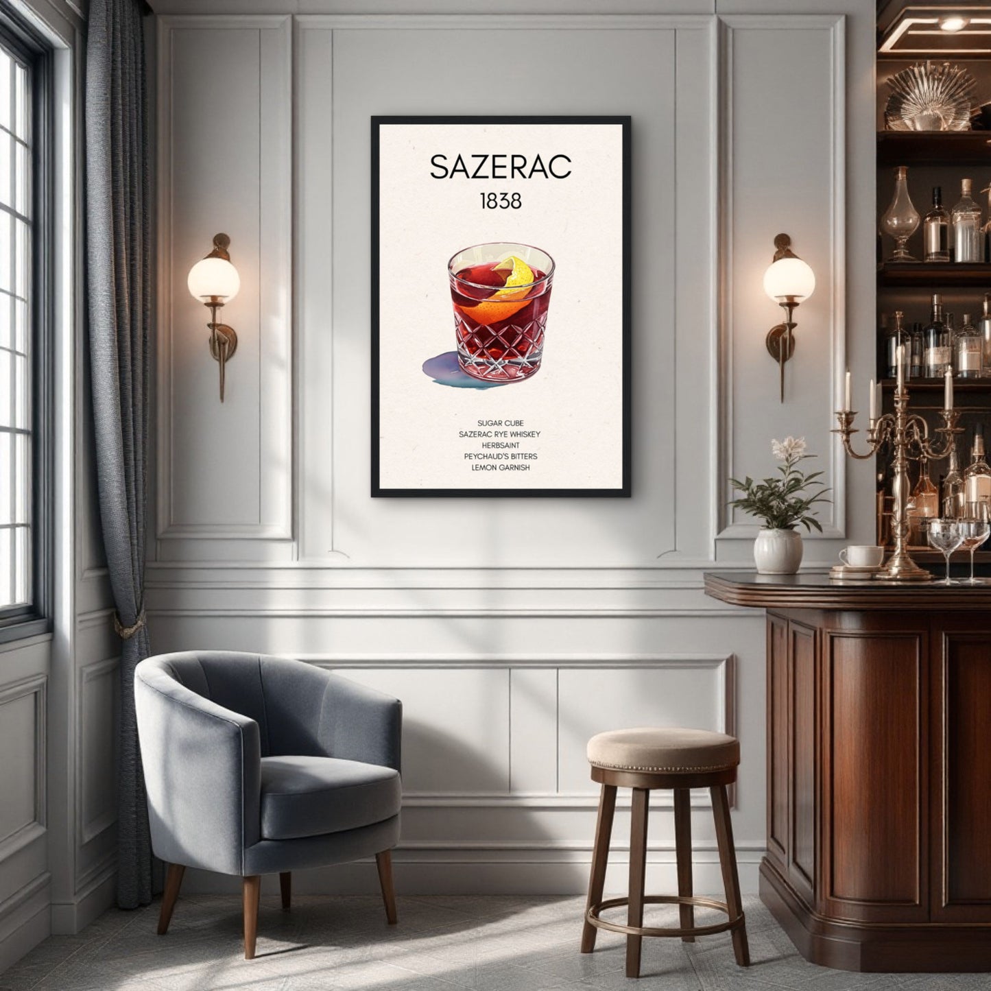 Sazerac Cocktail Bar Poster Print Black Wood Frame 30x45 cm 12x18″ Premium Matte Paper Wooden Framed Poster