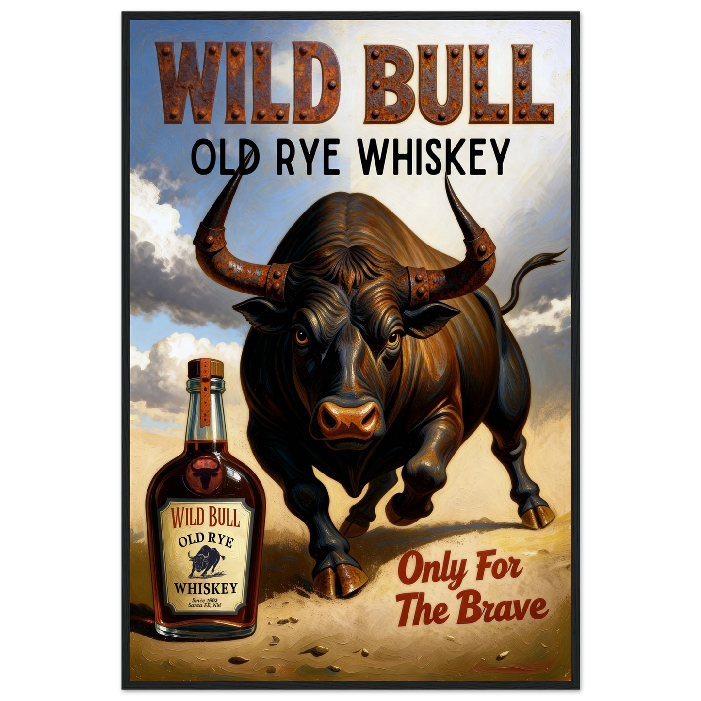 Wild Bull Old West Rye Whiskey Poster Print 60x90 cm 24x36″ Classic Matte Framed Poster Black Wood Frame