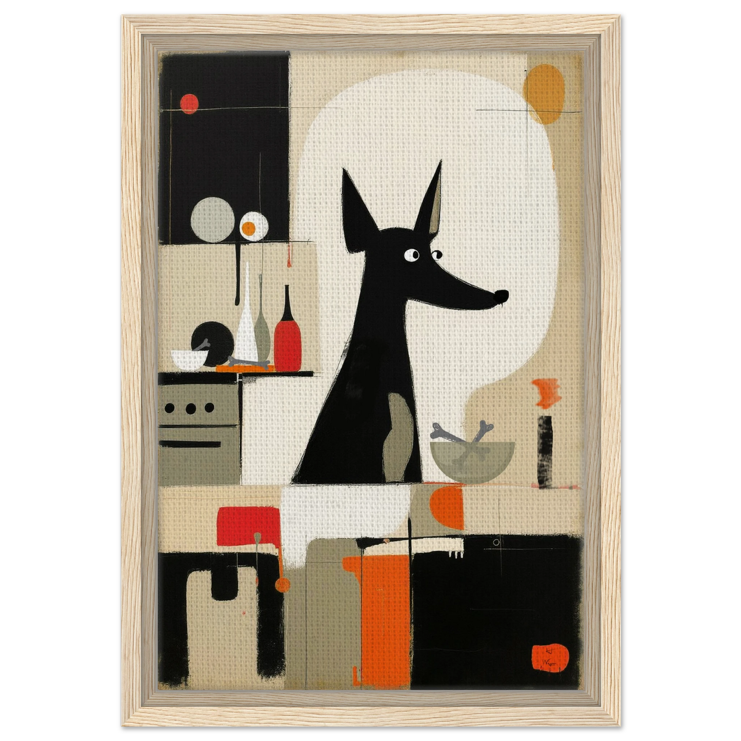 Modern Quirky Abstract Dog Art Print Light Wood Frame 30x45 cm 12x18″ Framed Canvas