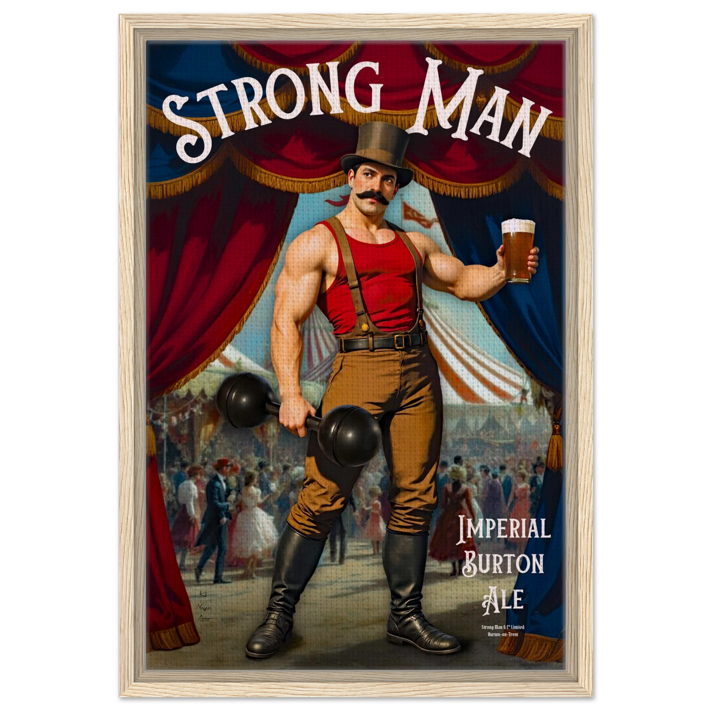 Vintage Victorian Circus Strongman Ale Art Print Light Wood Frame 40x60 cm 16x24″ Framed Canvas