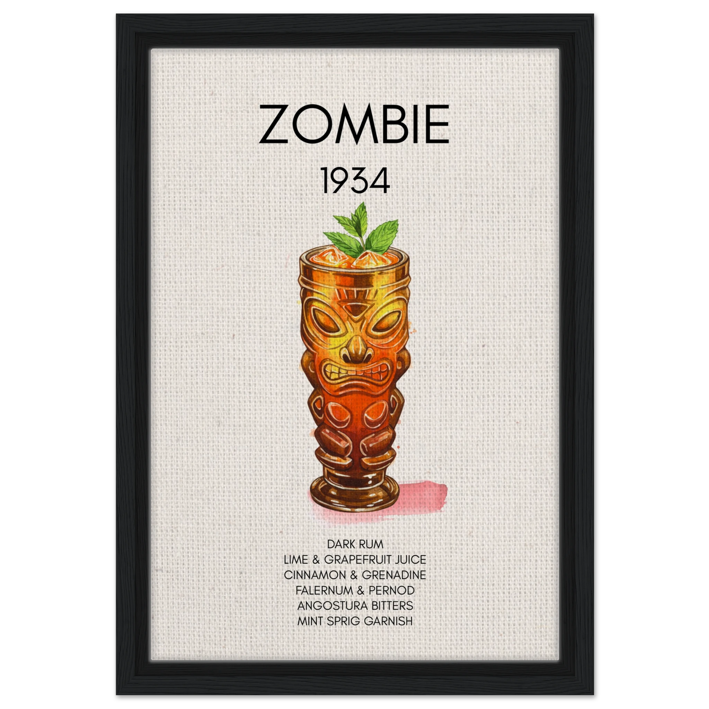 Zombie Tiki Cocktail Bar Poster Print Black Wood Frame 30x45 cm 12x18″ Framed Canvas