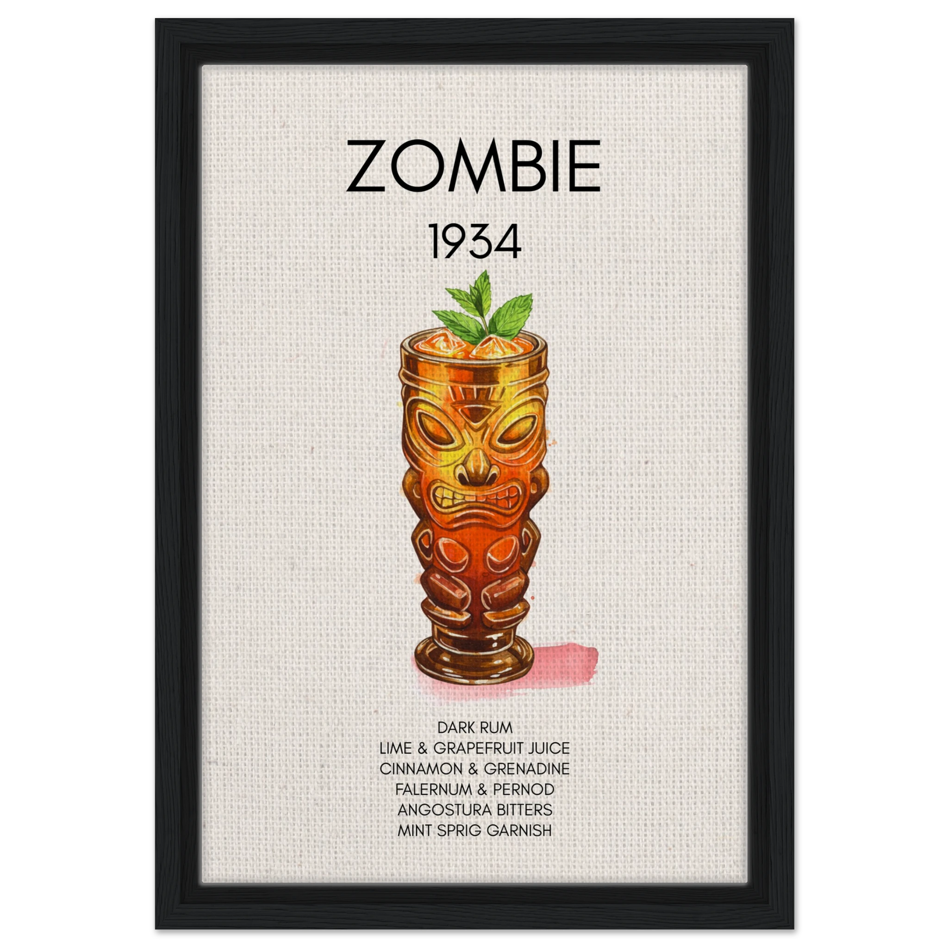 Zombie Tiki Cocktail Bar Art Print Black Wood Frame 30x45 cm 12x18″ Framed Canvas