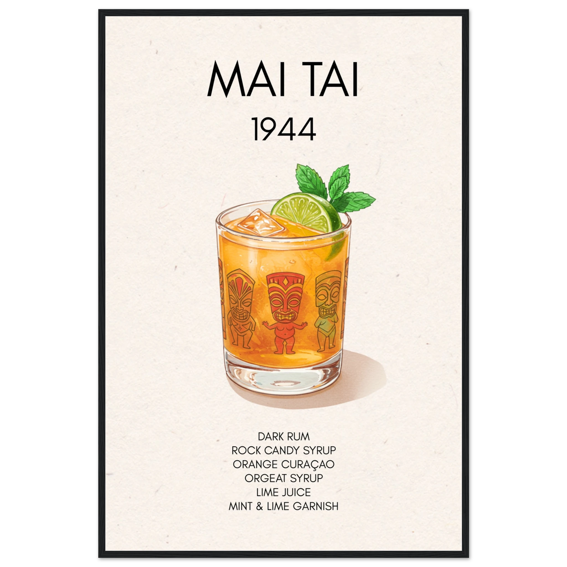 Mai Tai Tropical Cocktail Bar Poster Print Black Wood Frame 60x90 cm 24x36″ Classic Matte Paper Wooden Framed Poster