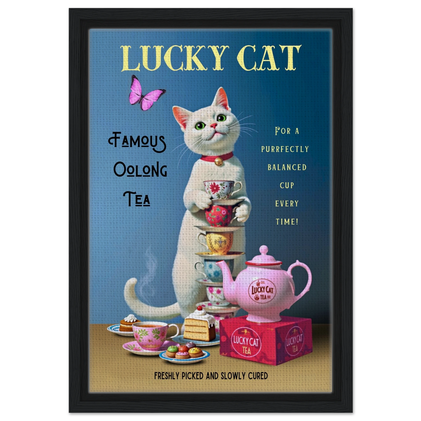 White Lucky Cat Tea Vintage Fine Art Print Black Wood Frame 30x45 cm 12x18″ Framed Canvas